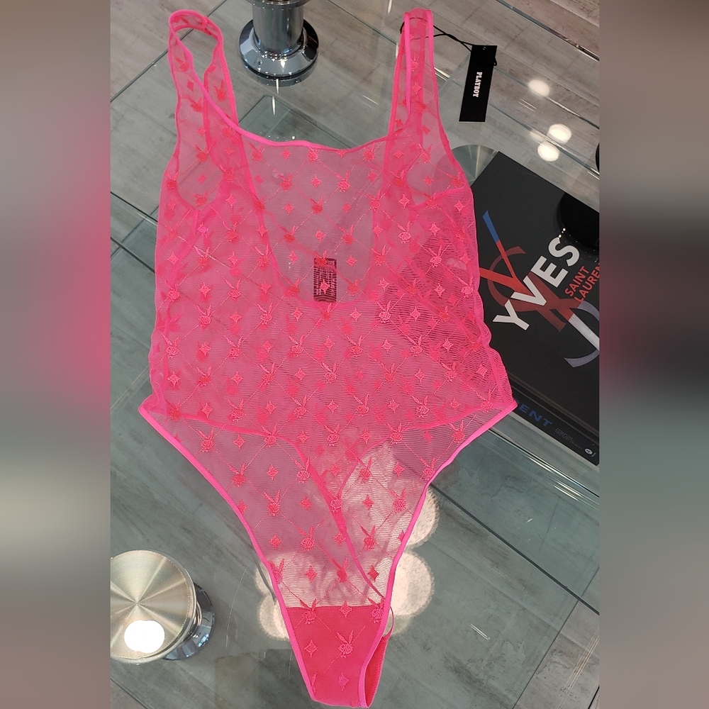 NWT- Playboy hot pink logo bunny thong bodysuit